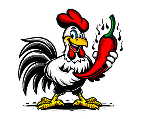Animation or Mascot of a rooster holding a cool chili