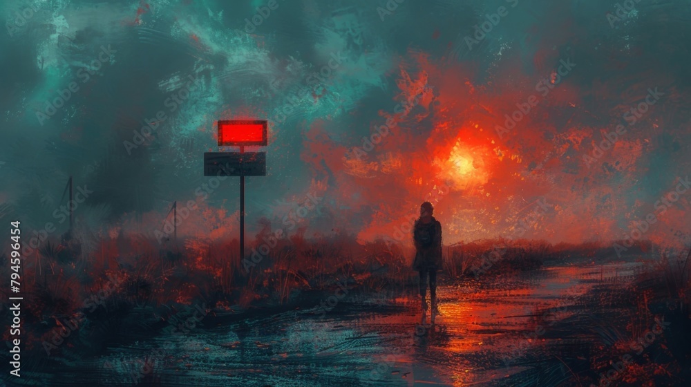 Poster in front of a looming signpost a person contemplates their next move. the paths before them seem equ