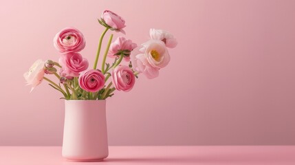 Pink flowers vase on pink surface