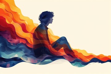 Lonely young man sits sadly on ground. Young person discovers his identity, multi colored rainbow spectrum of emotions symbolically passes through. Concept of self knowledge and gender identification