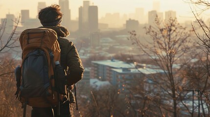 An individual with a backpack standing atop a nearby hill, gazing out over the panoramic view of their city, finding new perspectives close to home.