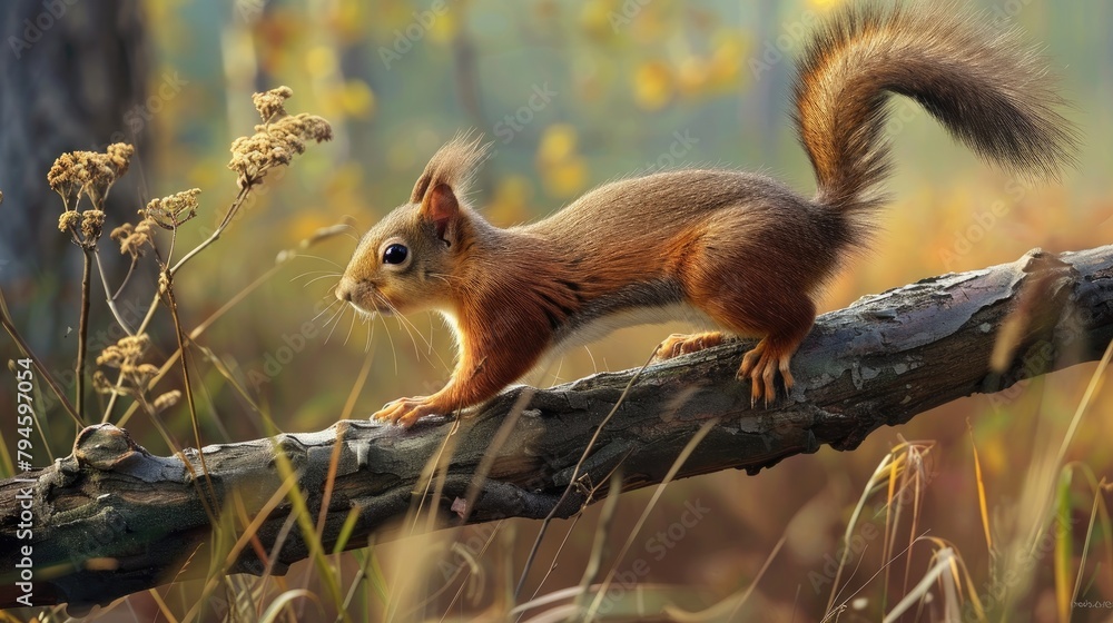 Poster squirrel searching on a branch