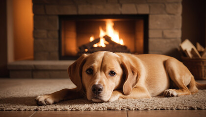 Labrador Retriever Relaxing by Fireplace