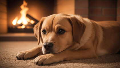Labrador Retriever Relaxing by Fireplace