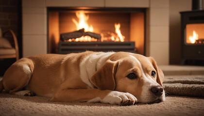 Labrador Retriever Relaxing by Fireplace