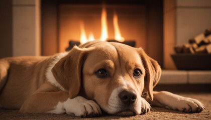 Labrador Retriever Relaxing by Fireplace