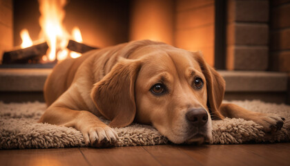 Labrador Retriever Relaxing by Fireplace