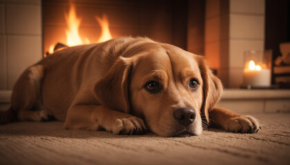 Labrador Retriever Relaxing by Fireplace