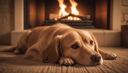 Labrador Retriever Relaxing by Fireplace