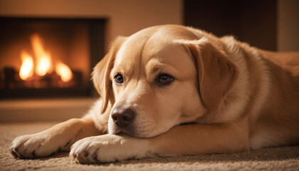 Labrador Retriever Relaxing by Fireplace