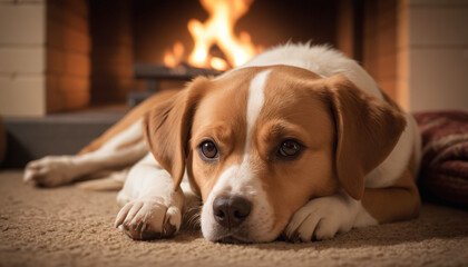 Labrador Retriever Relaxing by Fireplace