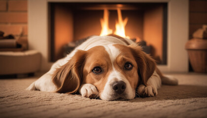 Labrador Retriever Relaxing by Fireplace