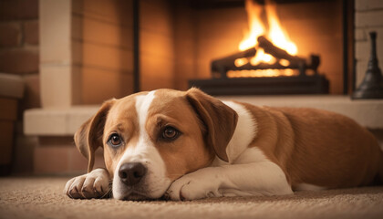 Labrador Retriever Relaxing by Fireplace