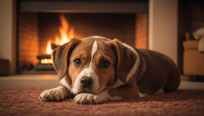 Labrador Retriever Relaxing by Fireplace