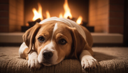 Labrador Retriever Relaxing by Fireplace