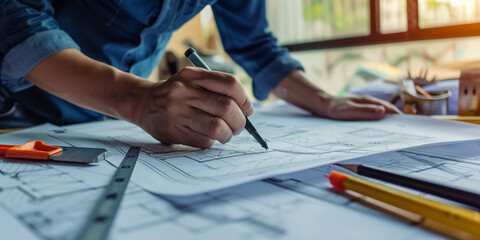 Architect working on blueprint, Engineer working with engineering tools for architectural project on workplace, Construction concept - building project, blueprints, ruler and dividers.