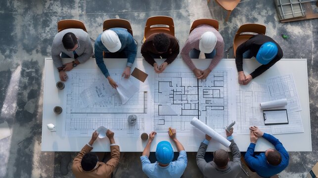 Diverse architects and engineers collaborate on building plans. Ideal for construction planning or property development