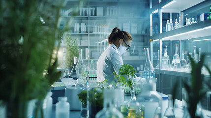 A woman in a lab coat is working in a lab with many bottles and beakers