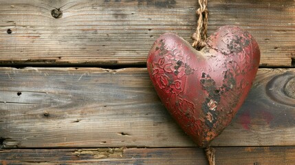 A vintage heart displayed against a rustic wooden backdrop