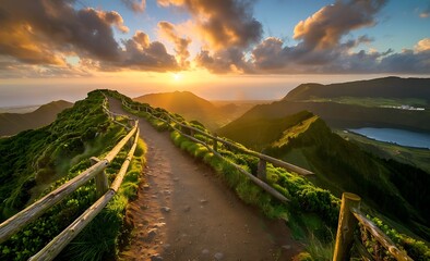  A path leads to the top of Pico, Azores in Portugal at sunrise with beautiful clouds and green mountains. A wooden fence runs along it, leading up towards an emerald blue lake on one side  - obrazy, fototapety, plakaty