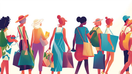 Stylized illustration of women with shopping bags, vibrant and colorful. - obrazy, fototapety, plakaty