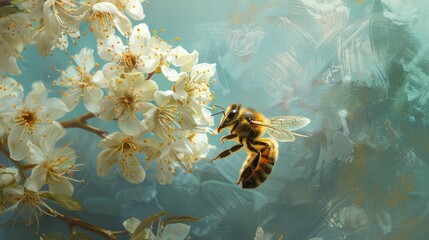 A honey bee gathering nectar from hawthorn blossoms - obrazy, fototapety, plakaty