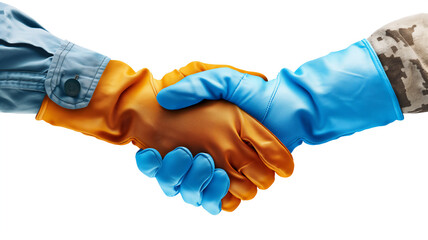 Two people in rubber gloves shaking hands, one in blue, one in orange, symbolizing teamwork and hygiene. - obrazy, fototapety, plakaty