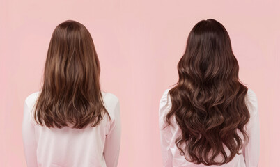 Woman before and after hair extensions on pink background. 