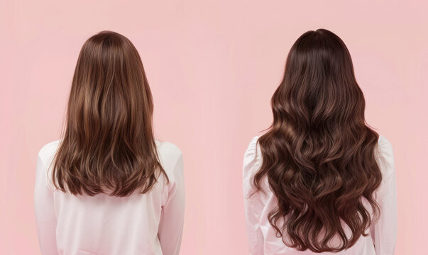 Woman before and after hair extensions on pink background. 