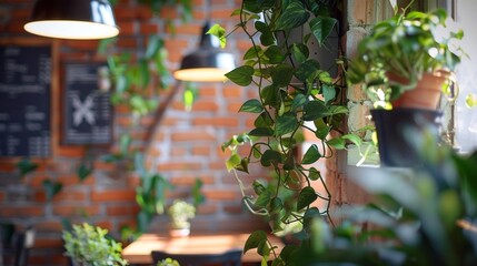 Softly blurred tendrils of ivy and vibrant potted plants adorn the brick wall adding a touch of organic charm to the cozy cafe setting. . - obrazy, fototapety, plakaty
