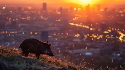 a wild boar on top of a hill overlooking buildings and city lights in Mexico City at sunset,
