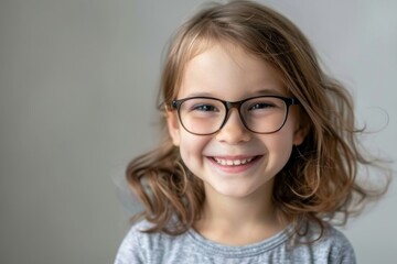 Fototapeta premium A child smiles with glasses on a plain background. Children's vision and eye health concept