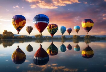 'group air lake hot flying water balloons sunrise sunset reflection few sky colorful clouds other floating generative ai balloon nature aircraft flight landscape' - Powered by Adobe