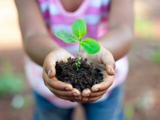 A small child holding a handful of dirt with a plant growing out of it.