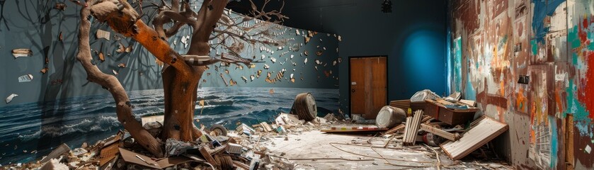 A tree grows in a room filled with debris