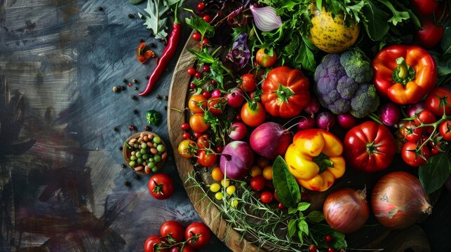 A variety of colorful vegetables are arranged on a wooden table.