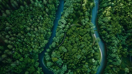 An aerial view of a lush green forest with a river running through it. - obrazy, fototapety, plakaty