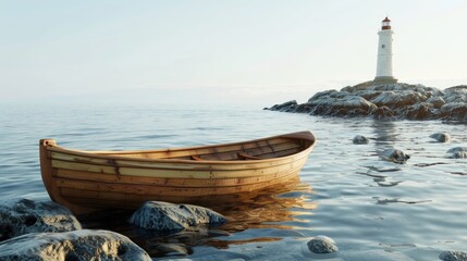Blank mockup of a traditional wooden boat with a decal of a lone lighthouse on a rocky shore. .