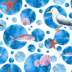Geometric print of blue and turquoise circles with sea animals - seagull, fish and shells with starfish on a white background. Hand drawn watercolor illustration. Seamless pattern for design