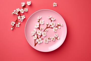 pink Sakura or cherry blossom flowers arranged alongside a jar, mug, and bowl, reflecting the timeless charm of Asian Japanese decoration art.
