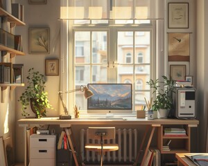 An illustration of a cozy home office with a large window, plants, and a desk.