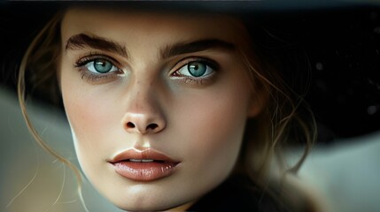 A captivating close-up of a fashion model, her gaze piercing through the camera, the brim of an elegant black hat casting a soft shadow that accentuates the mystery in her eyes.