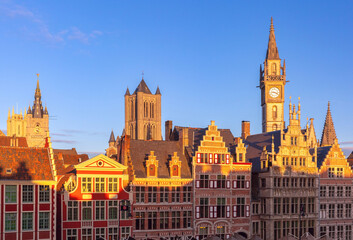 Aerial view of medieval buildings and towers of Old Town, Ghent, Belgium