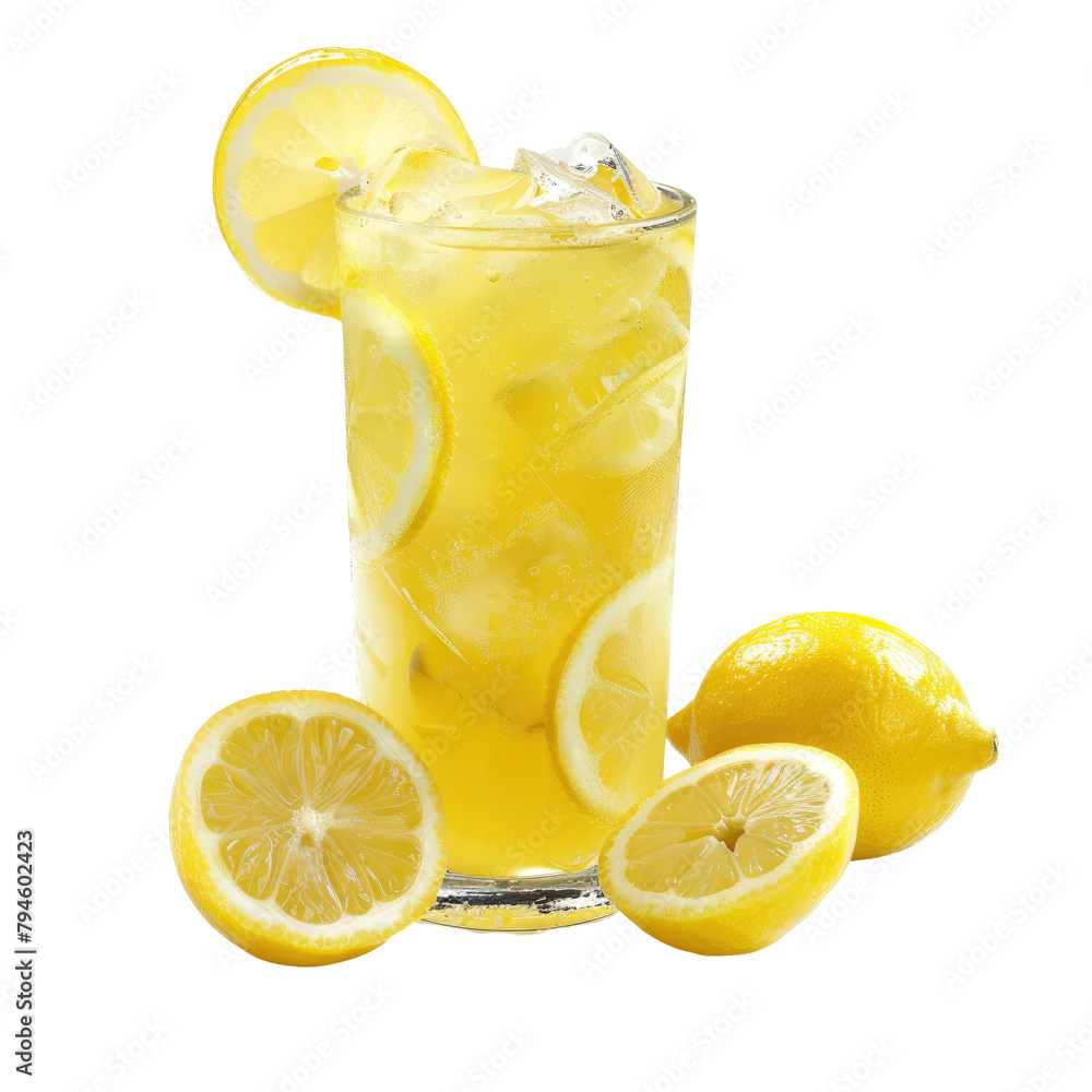 Poster a high quality photograph of zesty citrus lemonade set against a pristine transparent background wit