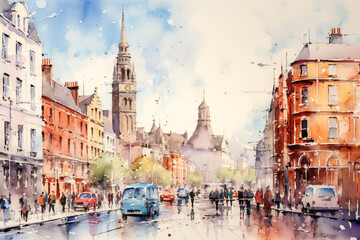 Watercolor English cityscape inspired by Ireland. Old European, Irish medieval style houses, buildings and street. UK cityscape. Cloudy sky.