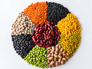 photo of various beans and legumes arranged in the shape of an octagon, including black beetle beans, red bean floats, yellow pea beans, green moong beans and white button beans on a pure white 