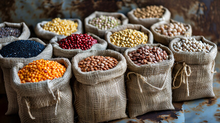 A variety of beans, legumes and grains in burlap bags arranged neatly to showcase their diversity and colors.  - obrazy, fototapety, plakaty