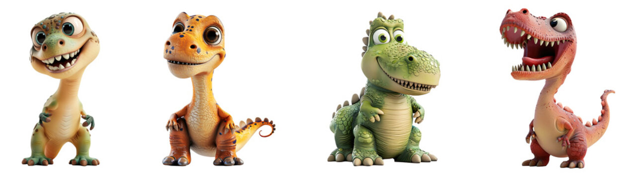 Set of 3D cute happy cartoon dinosaur, isolated on white background, png