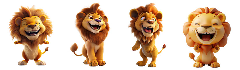 Set of 3D cute happy cartoon lion, isolated on white background, png