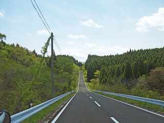 Travelling on Kyushu, driving on lonely road with green forest on roadsides on sunny day